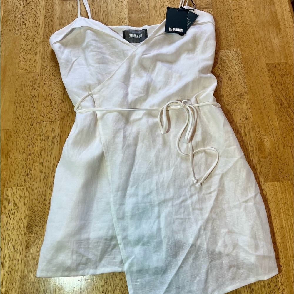 Reformation Linen Wrap Dress Cruz White Mini Large NWT *Altered - Picture 3 of 8